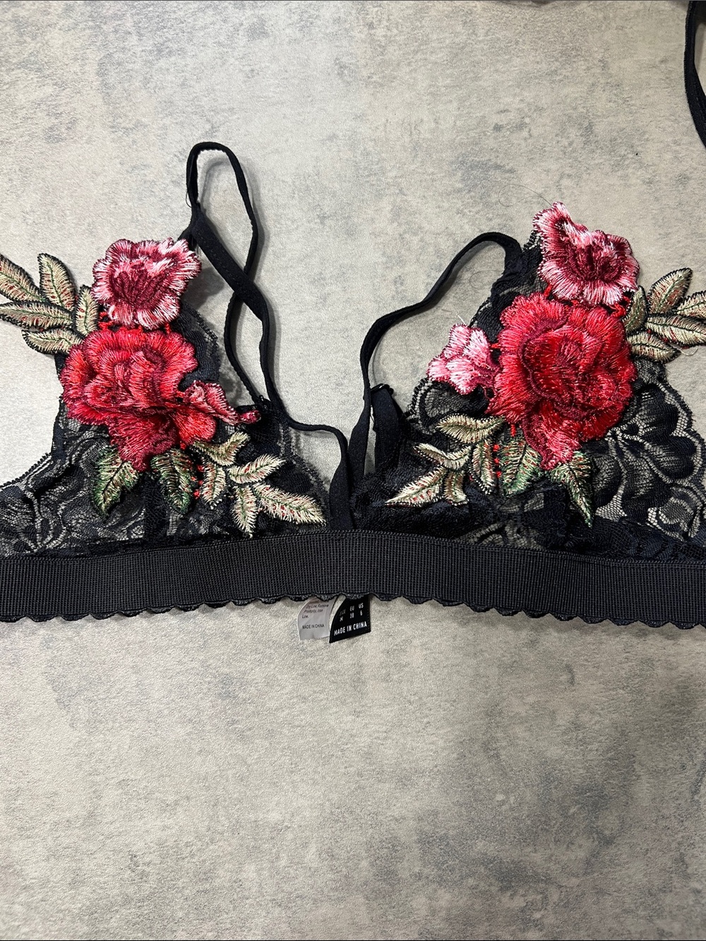 SHEIN Black Lace Bralette with Red Floral Embroidery